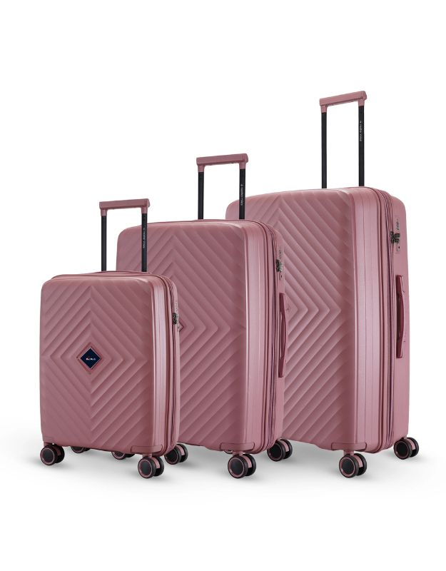 A set of three red rock diamond-shaped travel trolley suitcases in different sizes, with spinner wheels and combination locks.